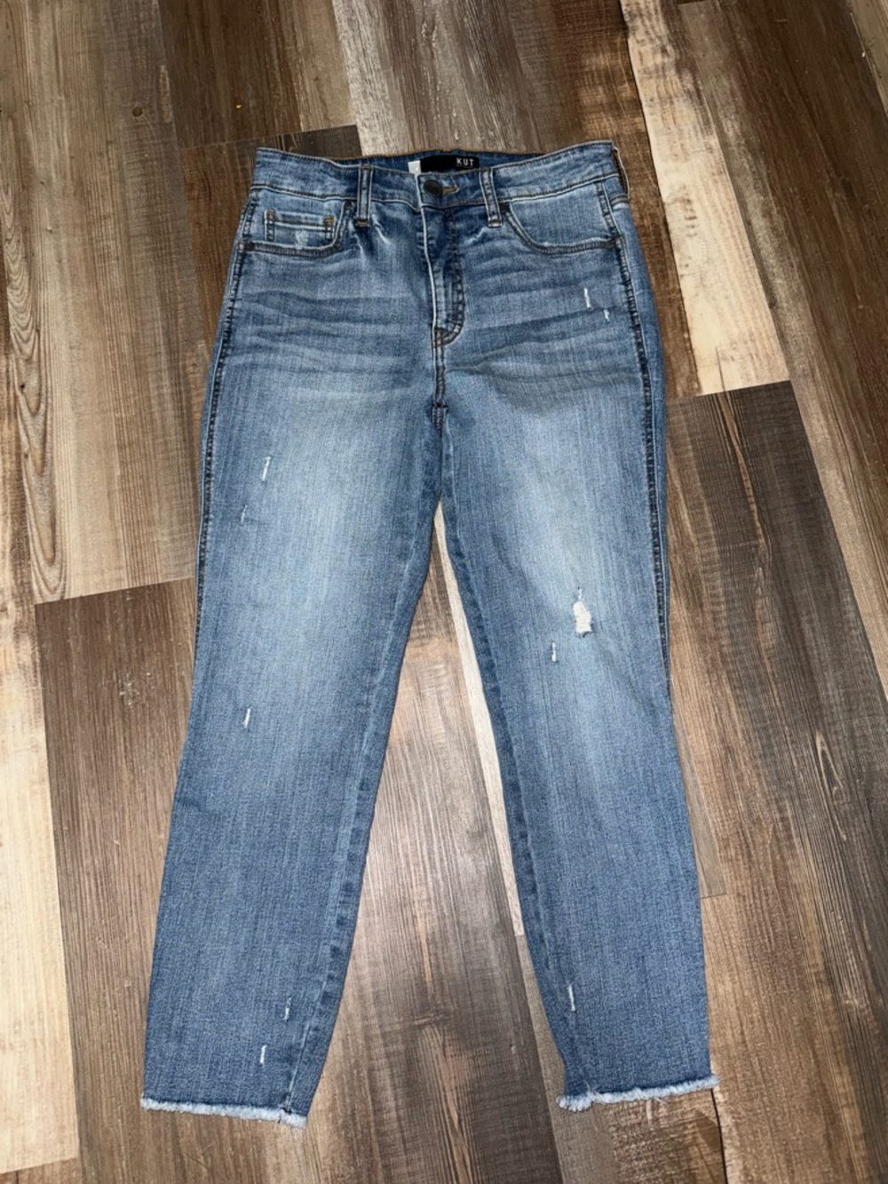 Kut from the Kloth Faded Distressed Ankle Jeans - Light Blue